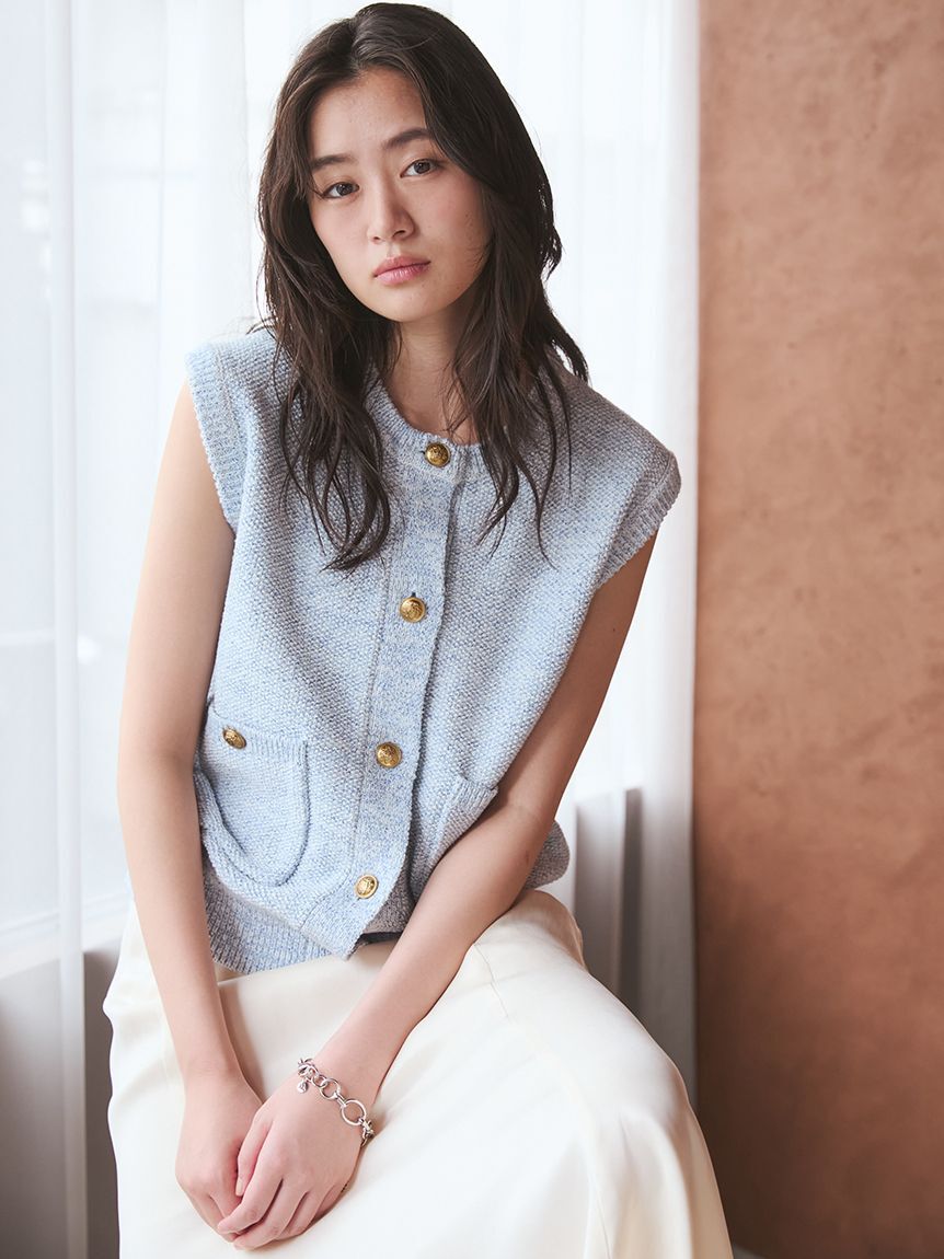Mila Owen「金釦ニットツイードベスト」|ダウンベスト・ベスト|