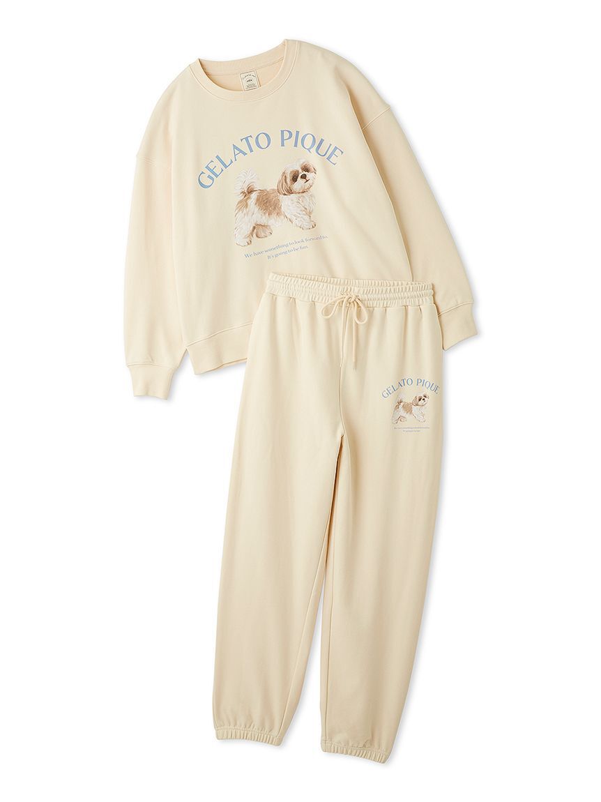 gelato pique「【ONLINE限定】【UVカット】お散歩ドッグワンポイント裏毛プルオーバー&ロングパンツセット」|ルームウェア|CRM
