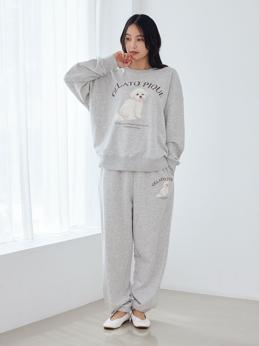 gelato pique「【ONLINE限定】【UVカット】お散歩ドッグワンポイント裏毛プルオーバー&ロングパンツセット」|ルームウェア|GRY