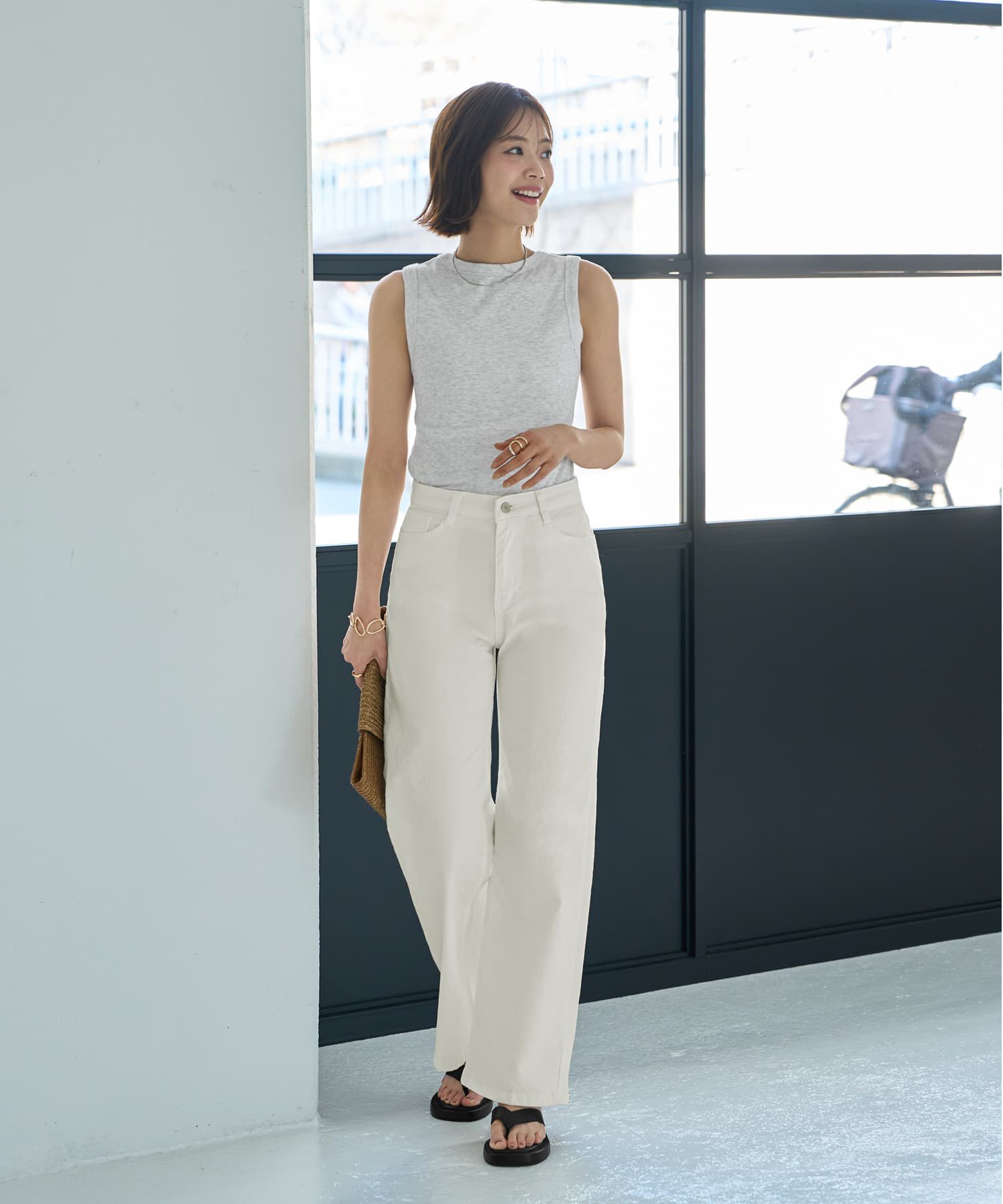 STYLE DELI「ウエストにゴム内蔵のストレッチコットンストレートパンツ」|チノ|