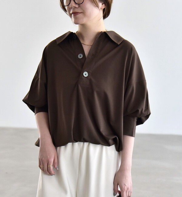 quaranciel「:〈接触冷感/洗濯機可能〉シルク ミックス ポンチ ドロスト ポロ プルオーバー」|Tシャツ・カットソー|