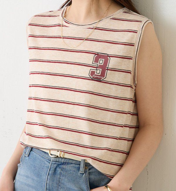  「シアーボーダーナンバーロゴノースリーブ」|Tシャツ・カットソー|ベージュ