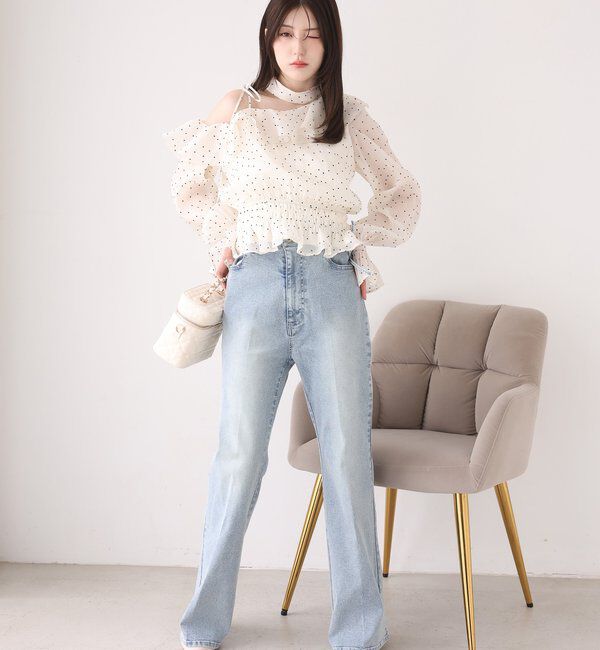  「【選べる4サイズ】サイドカットレース美脚ビジューデニム」|その他|