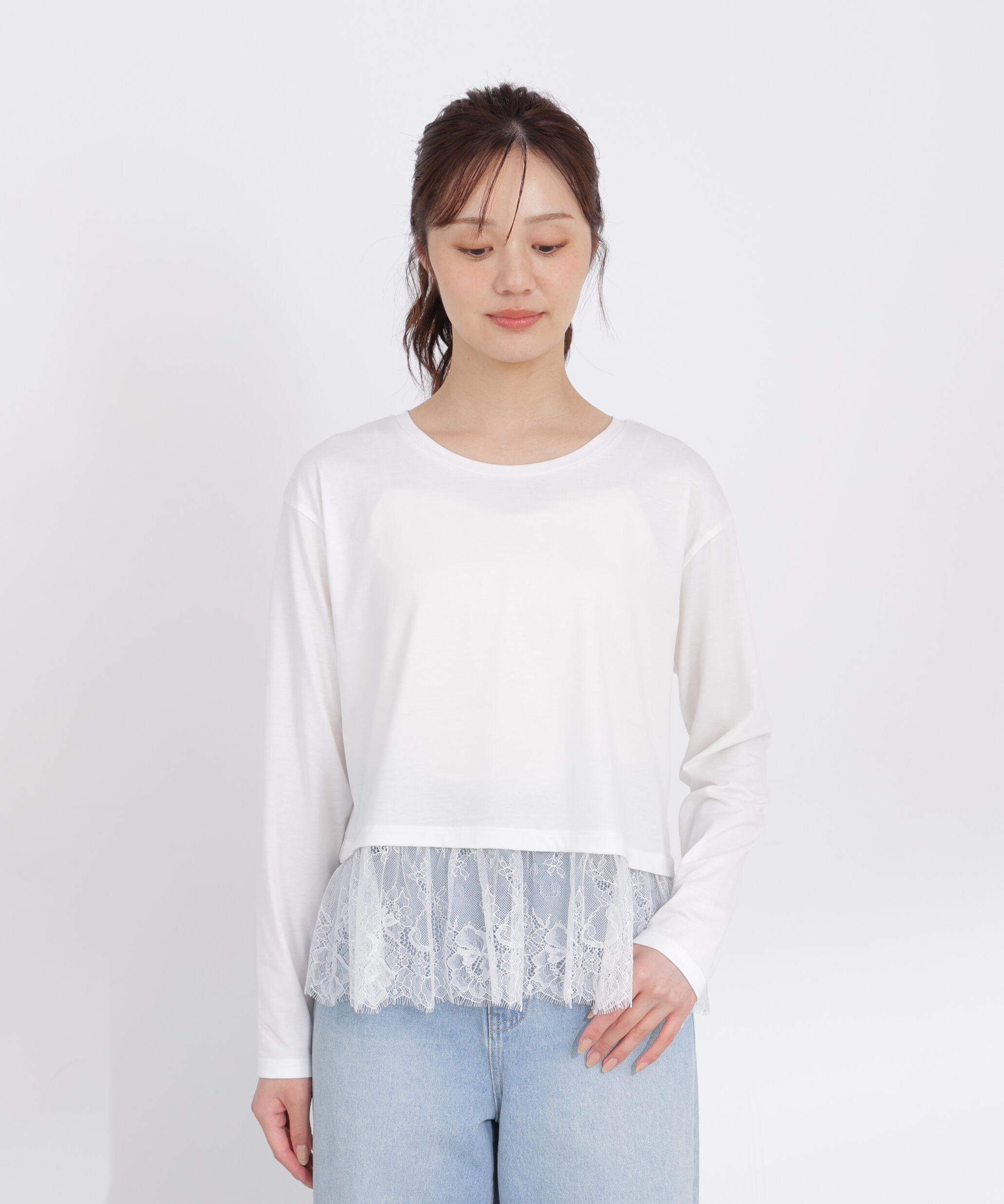  「＜a/mie＞レースヘム長袖Tシャツ」|Tシャツ・カットソー|