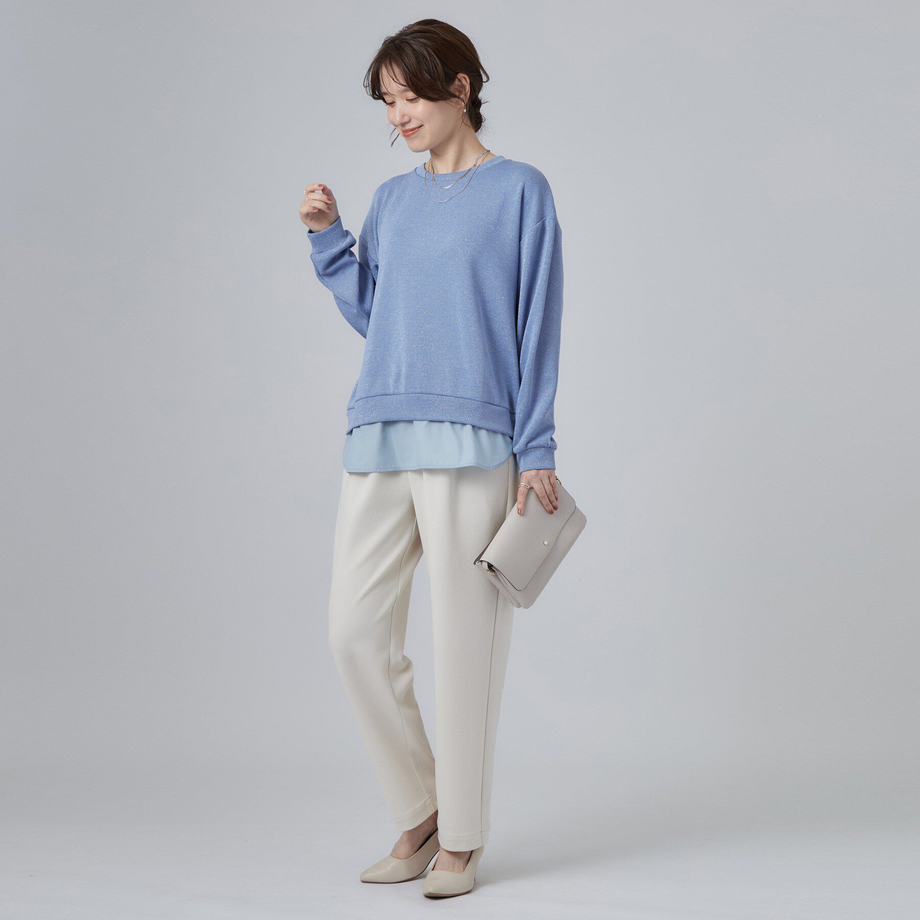SHOO･LA･RUE「【S-LL/洗濯機可/体型カバー】インせず着られる レイヤード風 ラメ入りトップス」|Tシャツ・カットソー|