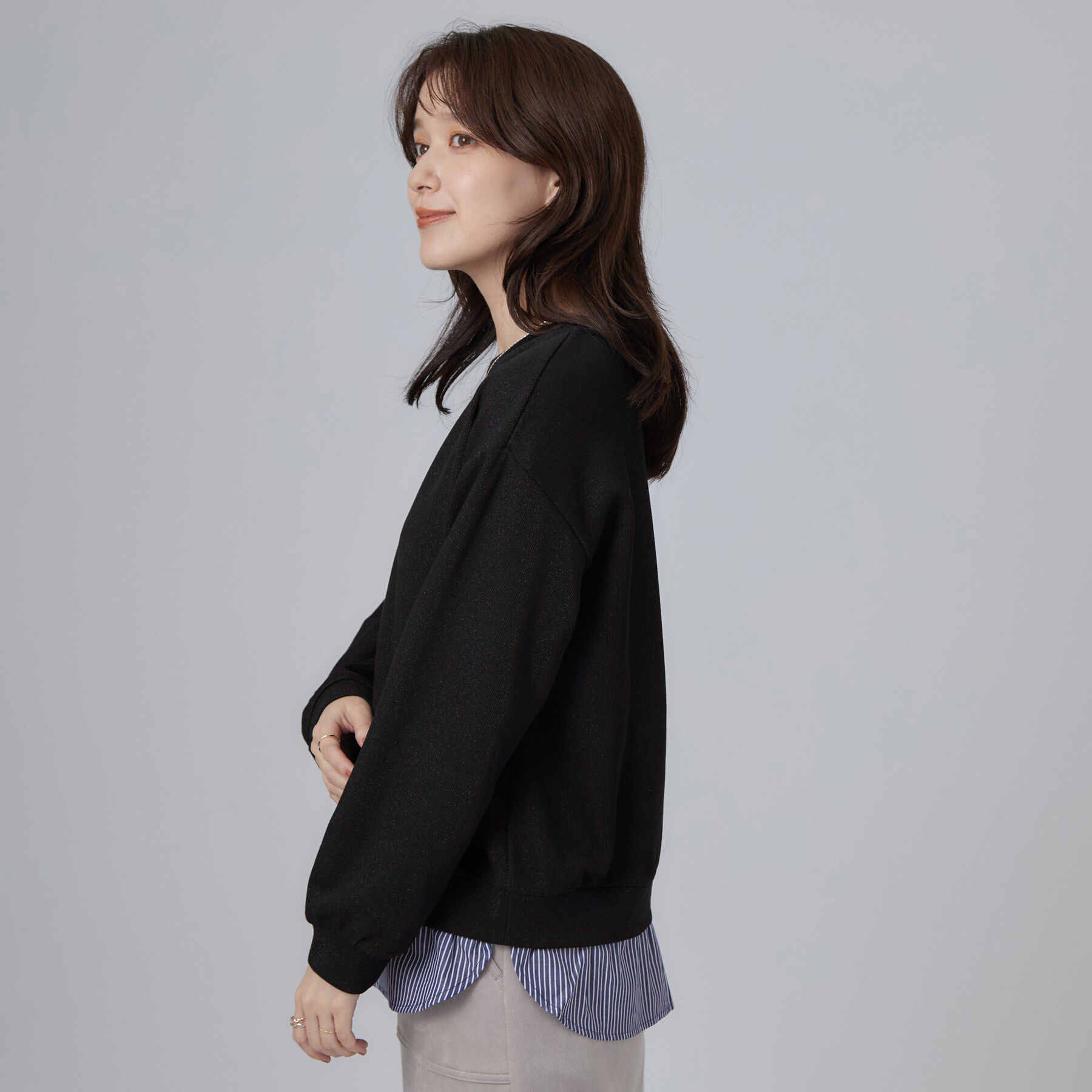 SHOO･LA･RUE「【S-LL/洗濯機可/体型カバー】インせず着られる レイヤード風 ラメ入りトップス」|Tシャツ・カットソー|