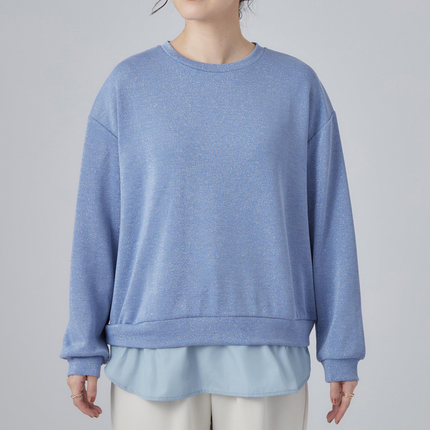 SHOO･LA･RUE「【S-LL/洗濯機可/体型カバー】インせず着られる レイヤード風 ラメ入りトップス」|Tシャツ・カットソー|