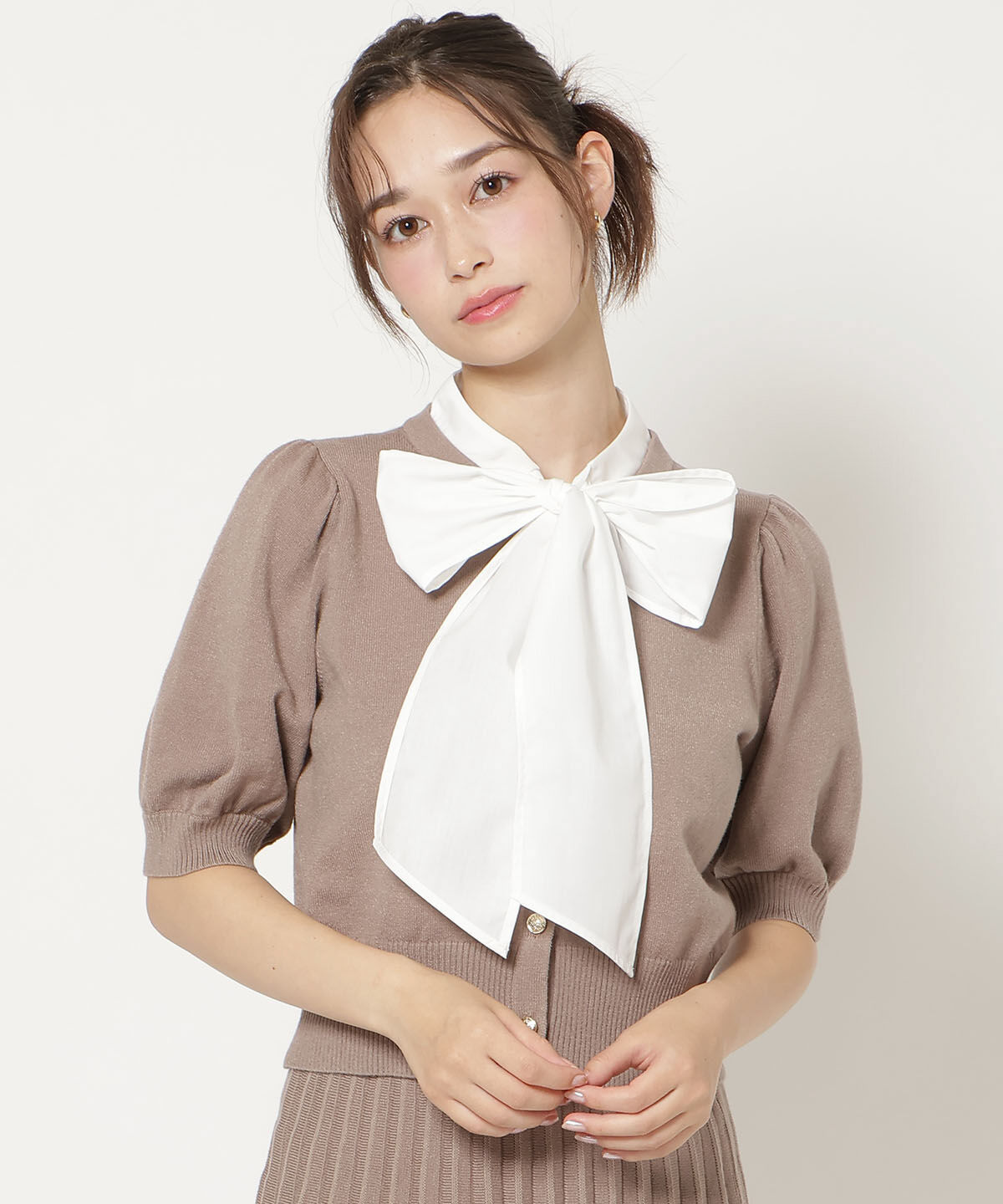 WILLSELECTION「リボンタイドッキングパフニット」|ニット・セーター|茶系幾何､ﾊﾟﾈﾙ柄