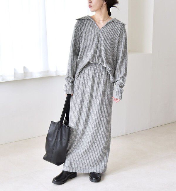 quaranciel「《予約》quaranciel:〈手洗い可能〉ポリエステル ベロア スキッパー ニット &  Iライン スカート」|ワンピース|