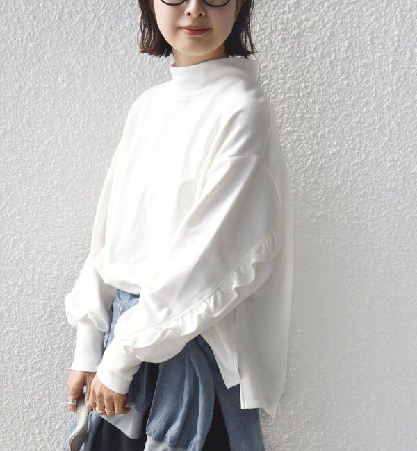 SHIPS for women「【WEB限定】〈手洗い可能〉モックネック 袖 フリル デザイン ミニ 裏毛 プルオーバー」|Tシャツ・カットソー|