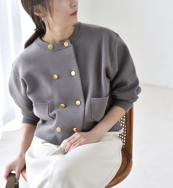 quaranciel「《一部追加予約》〈手洗い可能〉ノーカラー ダブル ボタン ジャケット カーディガン」|カーディガン|