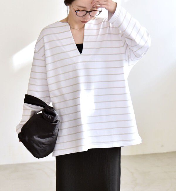 quaranciel「quaranciel:〈洗濯機可能〉ボーダー ビッグ スキッパー プルオーバー」|Tシャツ・カットソー|