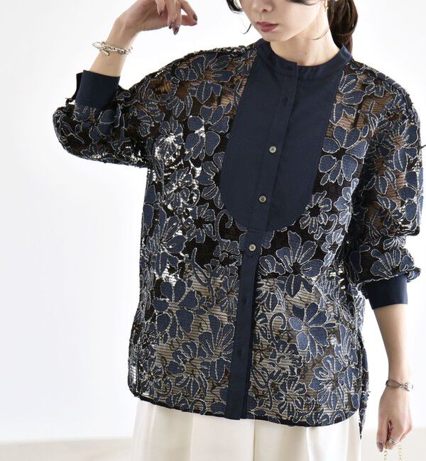 quaranciel「quaranciel:〈手洗い可能〉デニム フラワー レース バンドカラー シャツ」|シャツ・ブラウス|