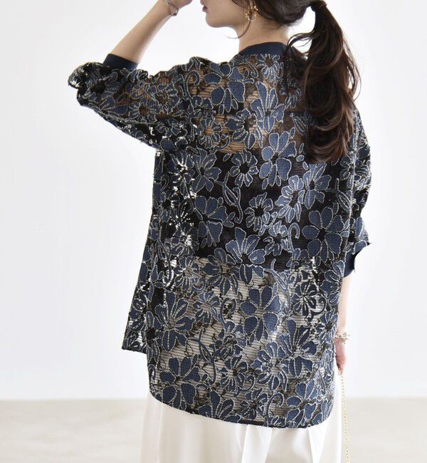 quaranciel「quaranciel:〈手洗い可能〉デニム フラワー レース バンドカラー シャツ」|シャツ・ブラウス|