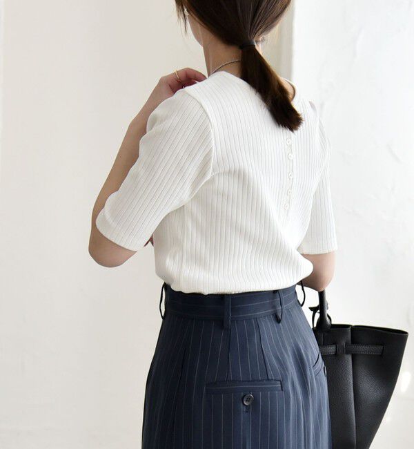 quaranciel「quaranciel:〈洗濯機可能〉テレコ リブ クルー ヘンリー 2way ハーフスリーブ TEE」|Tシャツ・カットソー|