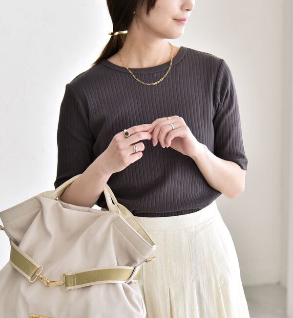 quaranciel「quaranciel:〈洗濯機可能〉テレコ リブ クルー ヘンリー 2way ハーフスリーブ TEE」|Tシャツ・カットソー|チャコールグレー