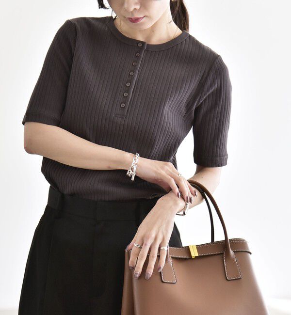 quaranciel「quaranciel:〈洗濯機可能〉テレコ リブ クルー ヘンリー 2way ハーフスリーブ TEE」|Tシャツ・カットソー|