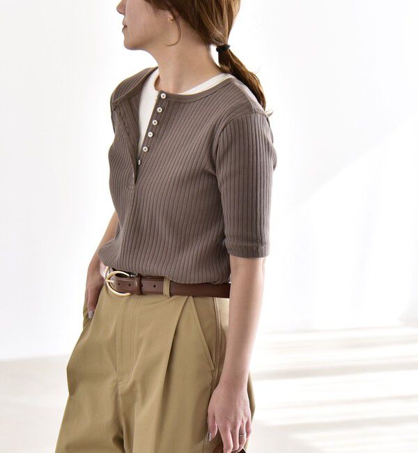 quaranciel「quaranciel:〈洗濯機可能〉テレコ リブ クルー ヘンリー 2way ハーフスリーブ TEE」|Tシャツ・カットソー|