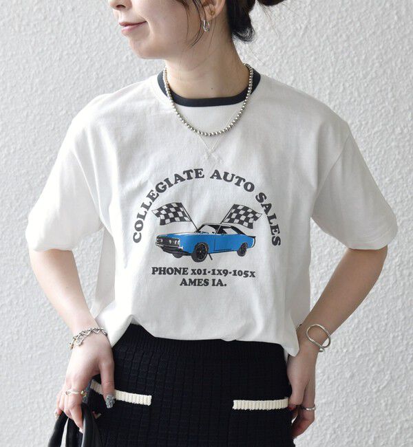 SHIPS any「【SHIPS any別注】Collegiate Pacific:〈洗濯機可能〉V ガゼット プリント & 刺繍 Tシャツ」|Tシャツ・カットソー|