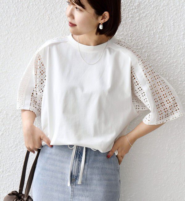 SHIPS for women「【WEB限定】〈手洗い可能〉レース コンビ ショート スリーブ カットソー」|Tシャツ・カットソー|オフホワイト