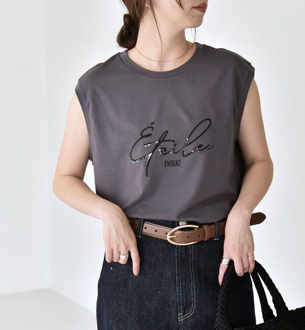 quaranciel「quaranciel:〈洗濯機可能〉スパンコール ロゴ 刺繍 フレンチスリーブ TEE」|Tシャツ・カットソー|