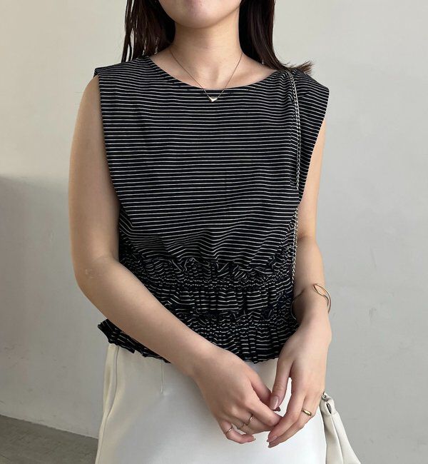  「【肩回りカバー/前後2WAY】ボーダー裾ギャザーT」|Tシャツ・カットソー|