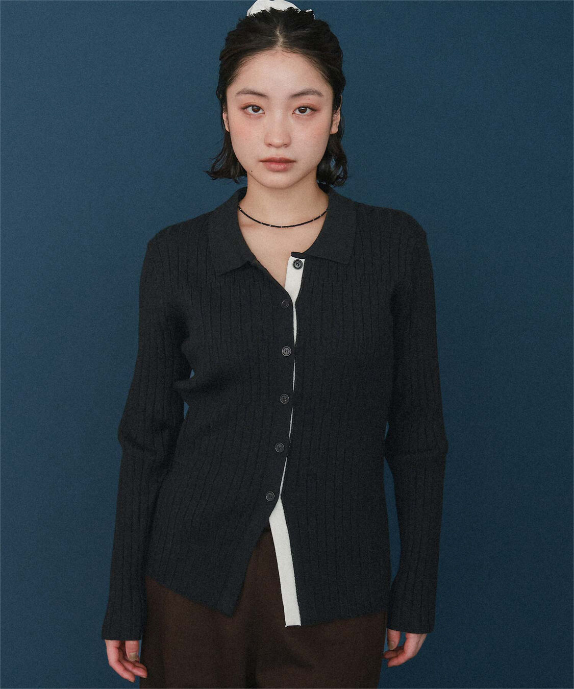 miette「襟付きランダムリブ配色ニットカーディガン」|ニット・セーター|