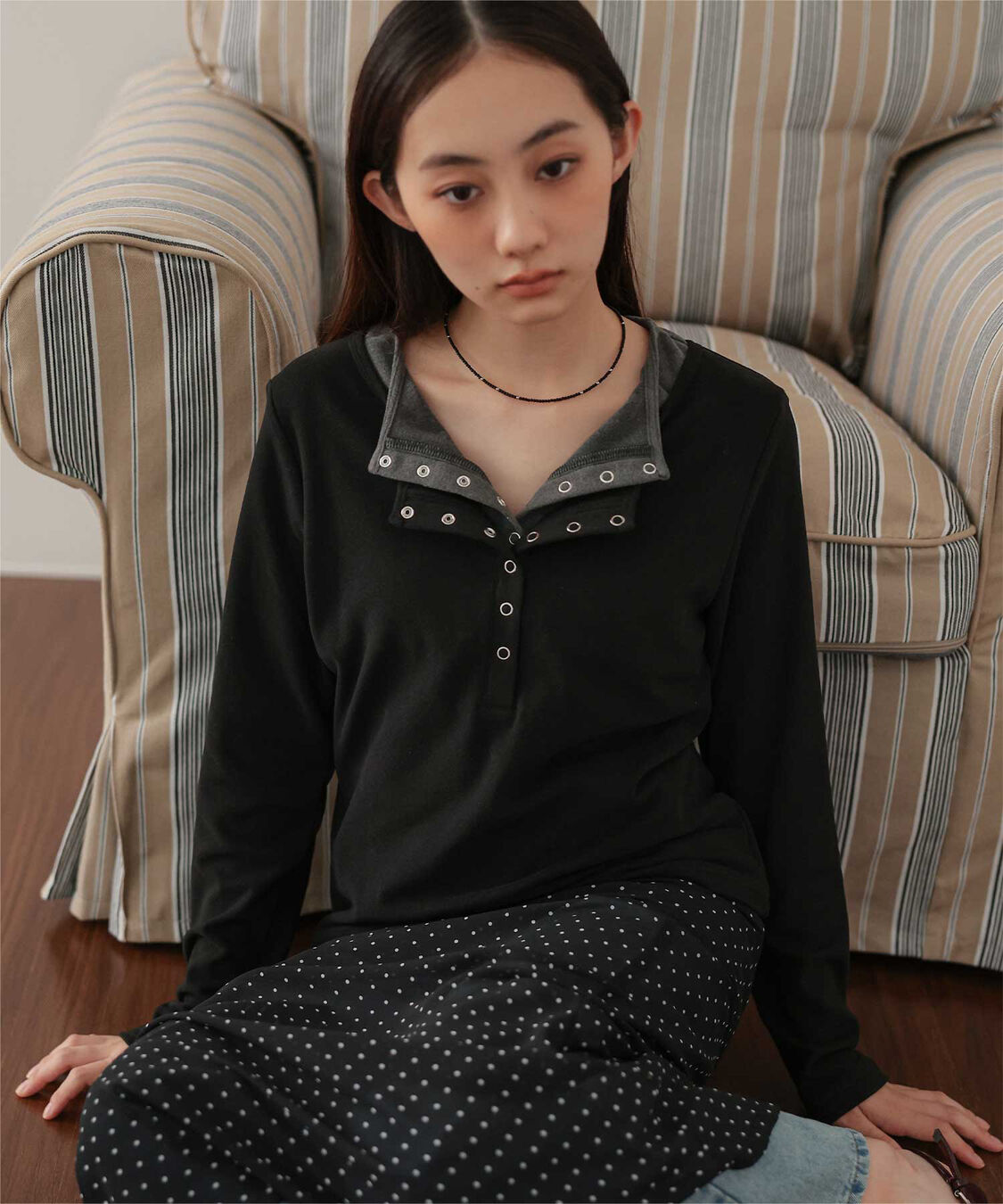 miette「レイヤード風ヘンリーネック起毛トップス」|Tシャツ・カットソー|ブラック
