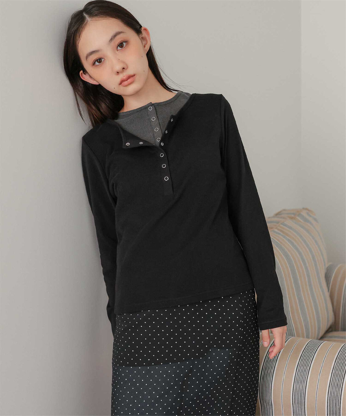 miette「レイヤード風ヘンリーネック起毛トップス」|Tシャツ・カットソー|