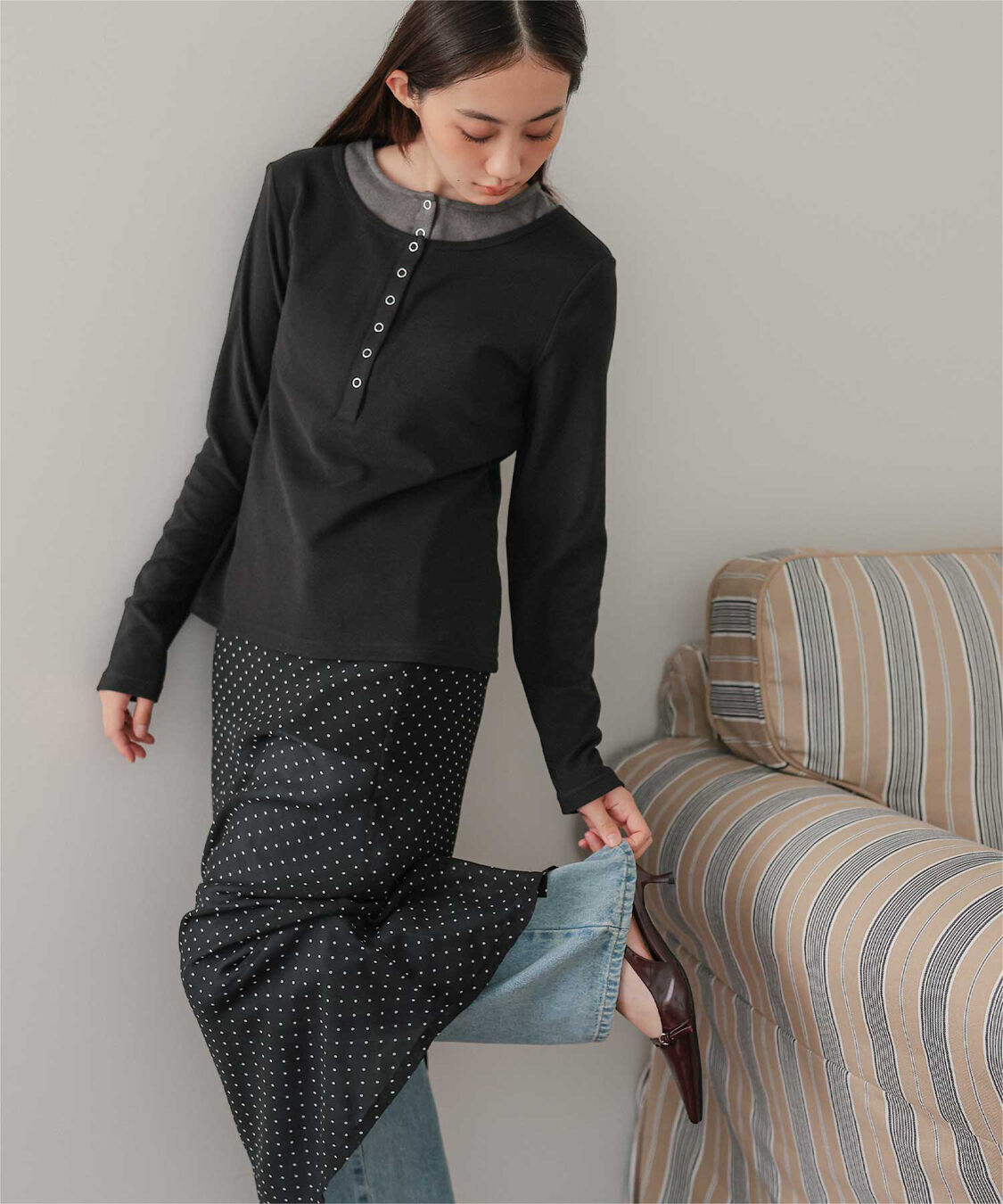 miette「レイヤード風ヘンリーネック起毛トップス」|Tシャツ・カットソー|