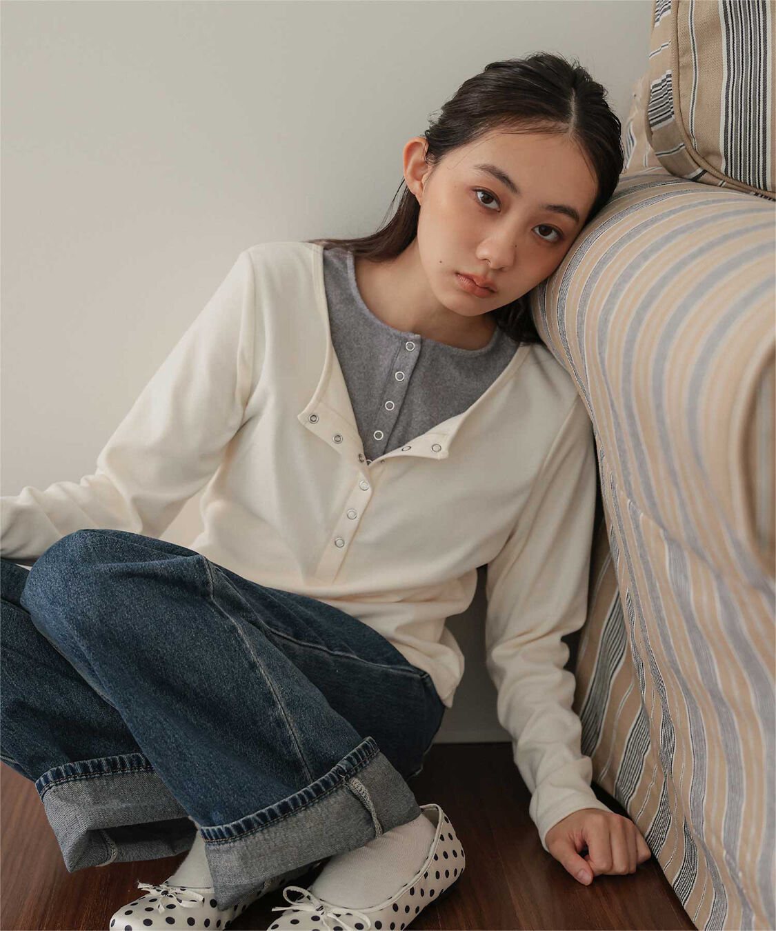 miette「レイヤード風ヘンリーネック起毛トップス」|Tシャツ・カットソー|クリーム