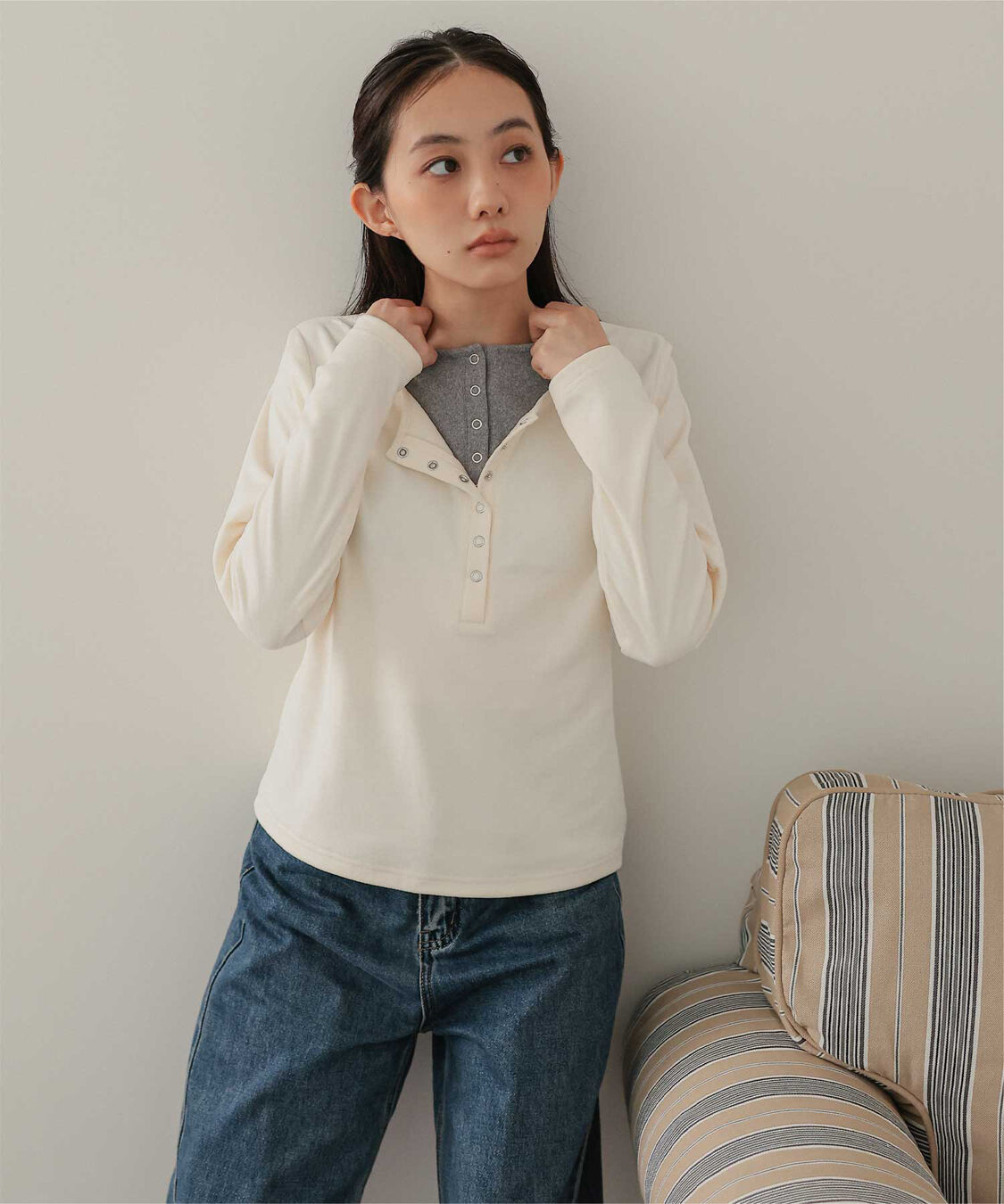 miette「レイヤード風ヘンリーネック起毛トップス」|Tシャツ・カットソー|