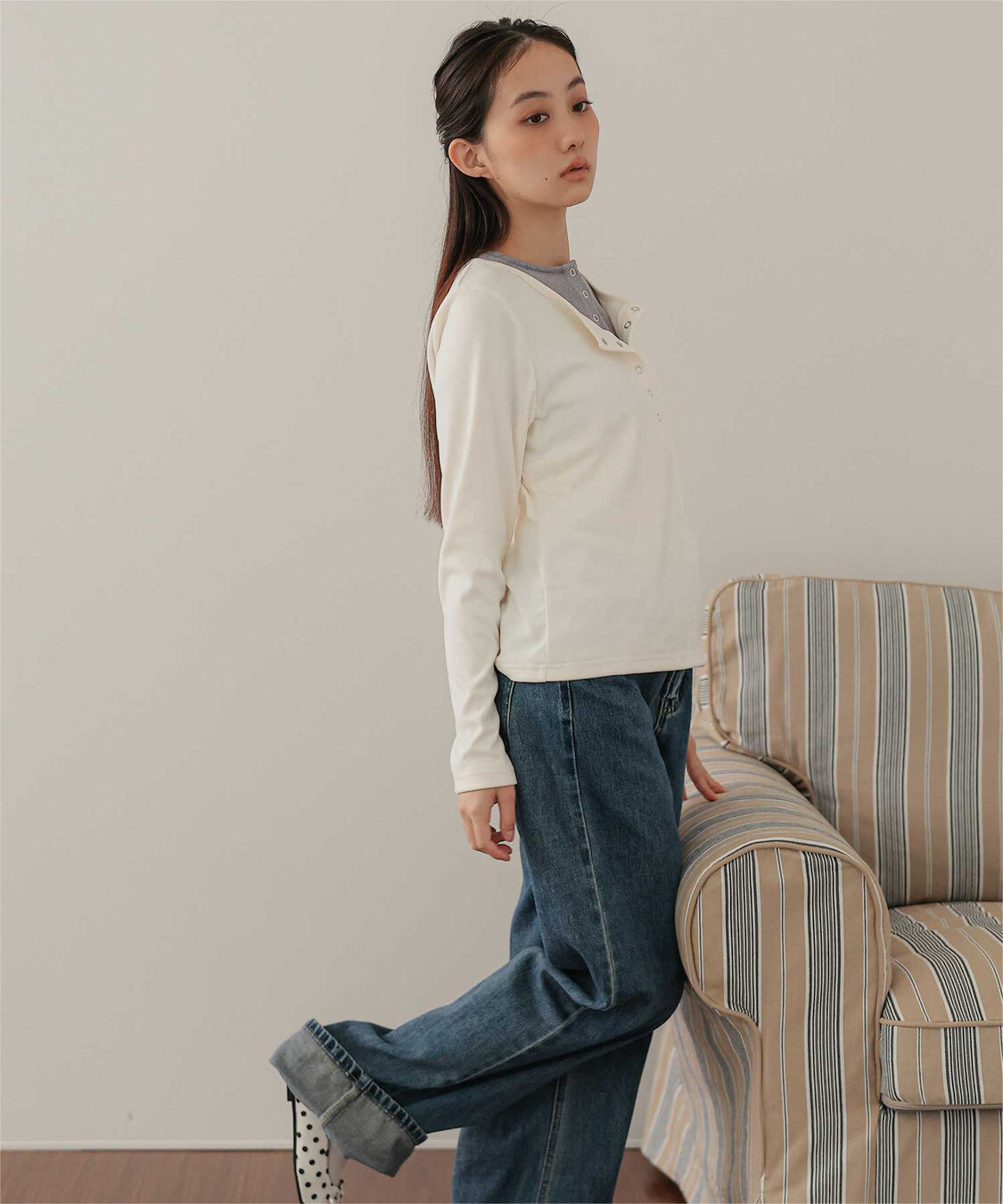 miette「レイヤード風ヘンリーネック起毛トップス」|Tシャツ・カットソー|