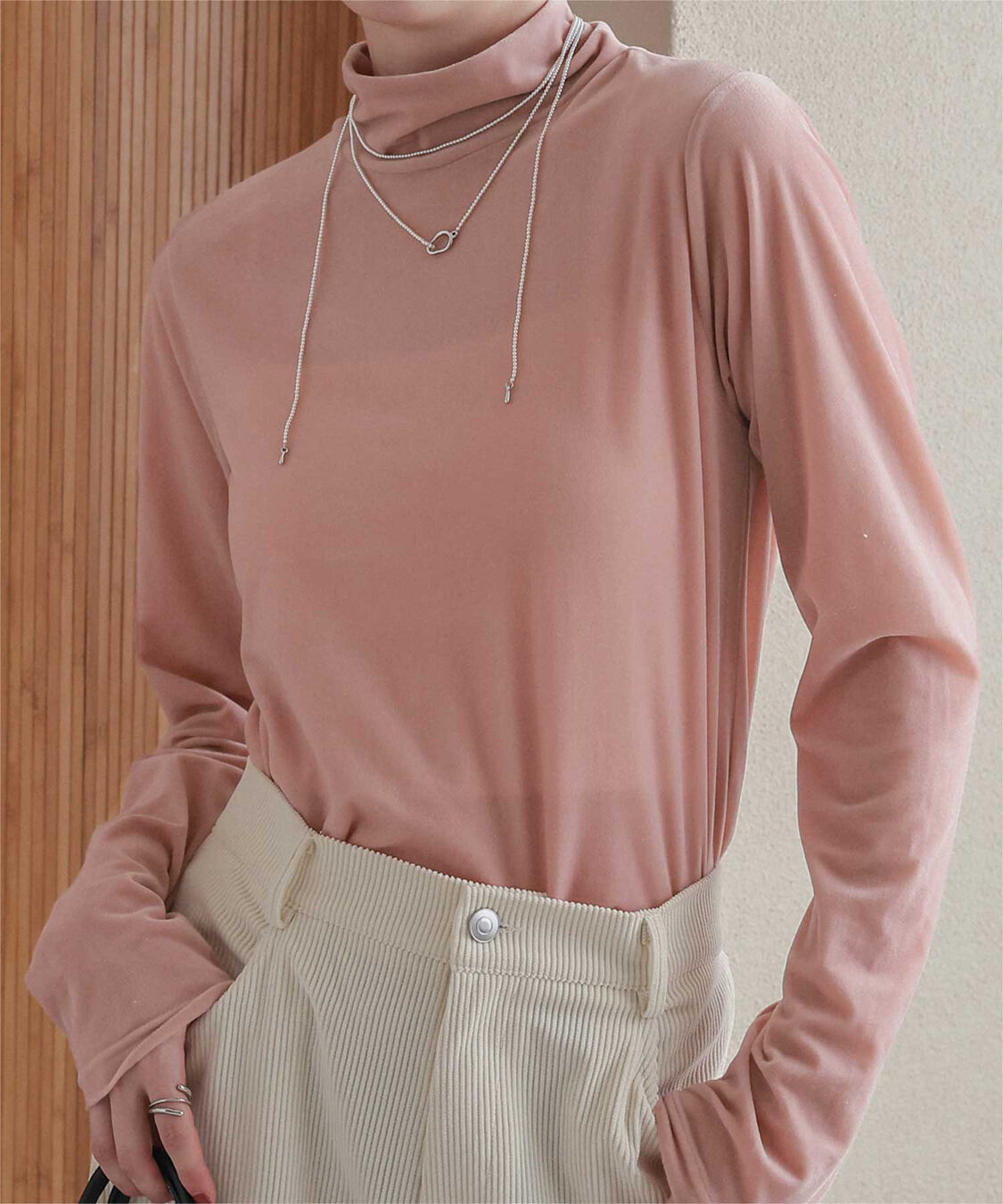 titivate「シアーベロアハイネックロングTシャツ」|Tシャツ・カットソー|ピンク