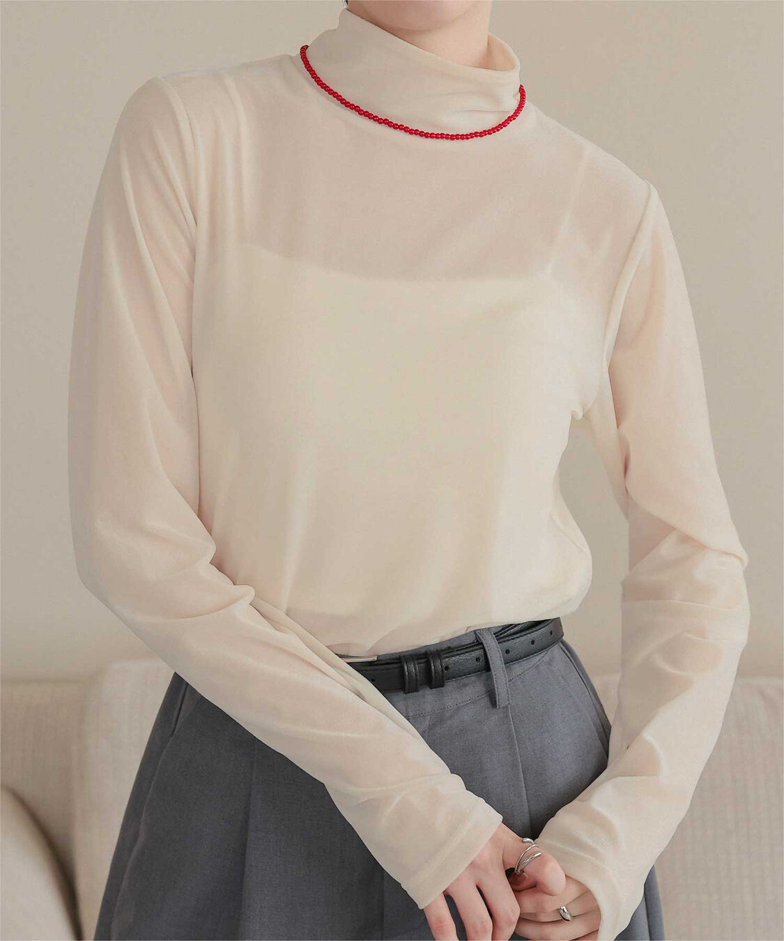 titivate「シアーベロアハイネックロングTシャツ」|Tシャツ・カットソー|アイボリー