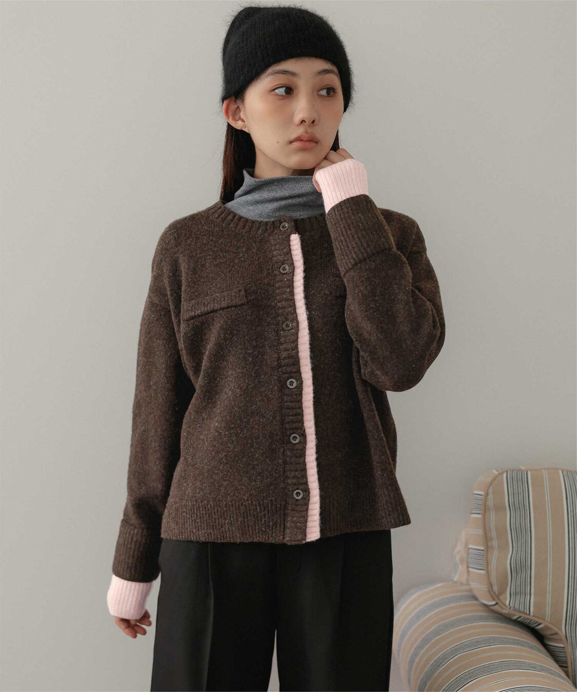 miette「配色デザインクルーネックニットカーディガン」|ニット・セーター|