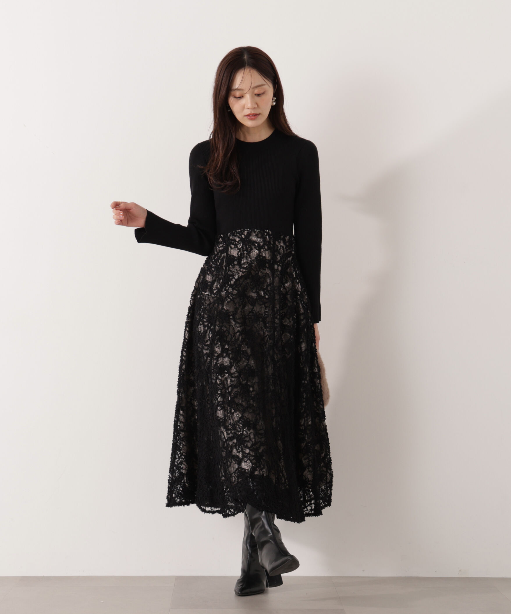PROPORTION BODY DRESSING「レースドッキングニットワンピース 26SS」|ワンピース|