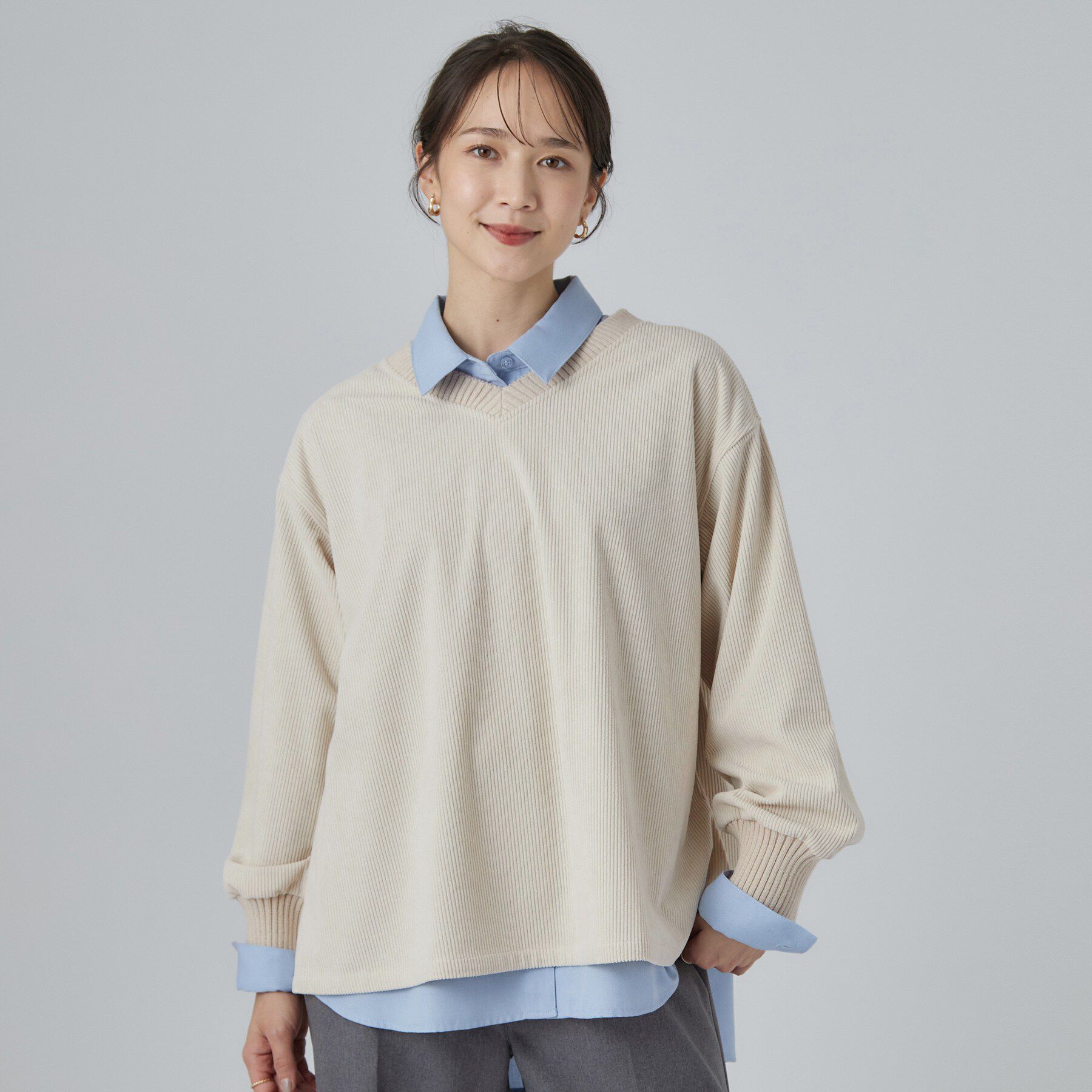 SHOO･LA･RUE「【S-LL/洗濯機可/前後2WAY】大人上品にきまる コーデュロイトップス」|Tシャツ・カットソー|