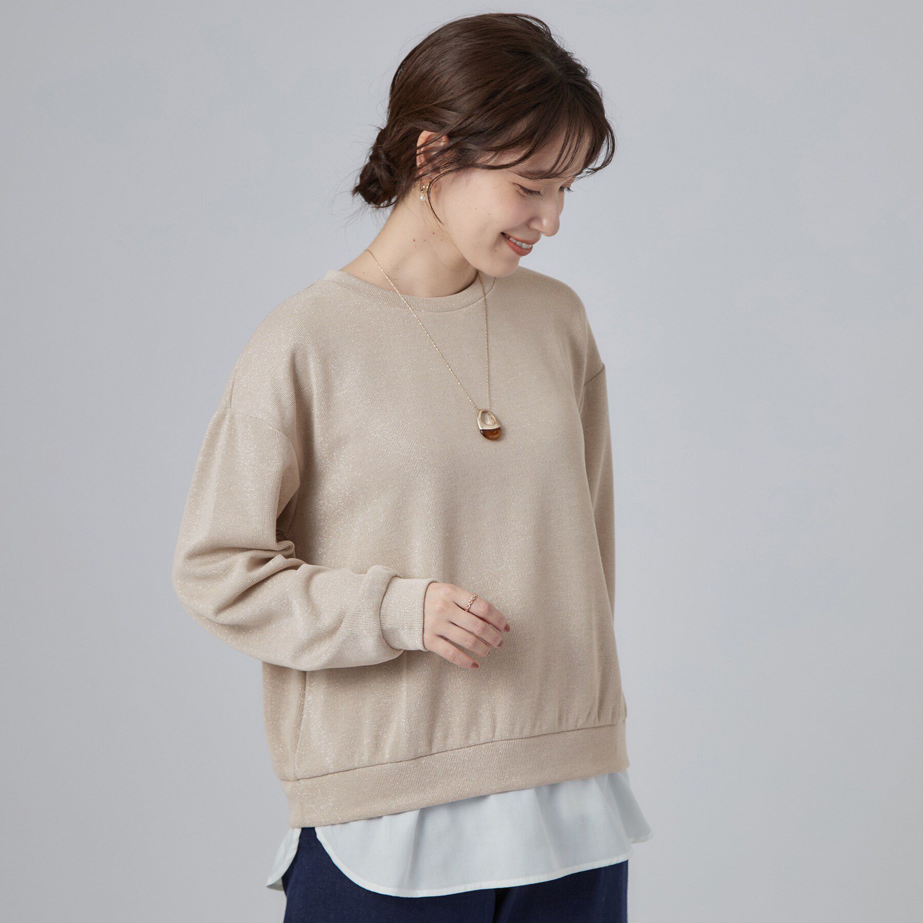 SHOO･LA･RUE「【S-LL/洗濯機可/体型カバー】インせず着られる レイヤード風 ラメ入りトップス」|Tシャツ・カットソー|