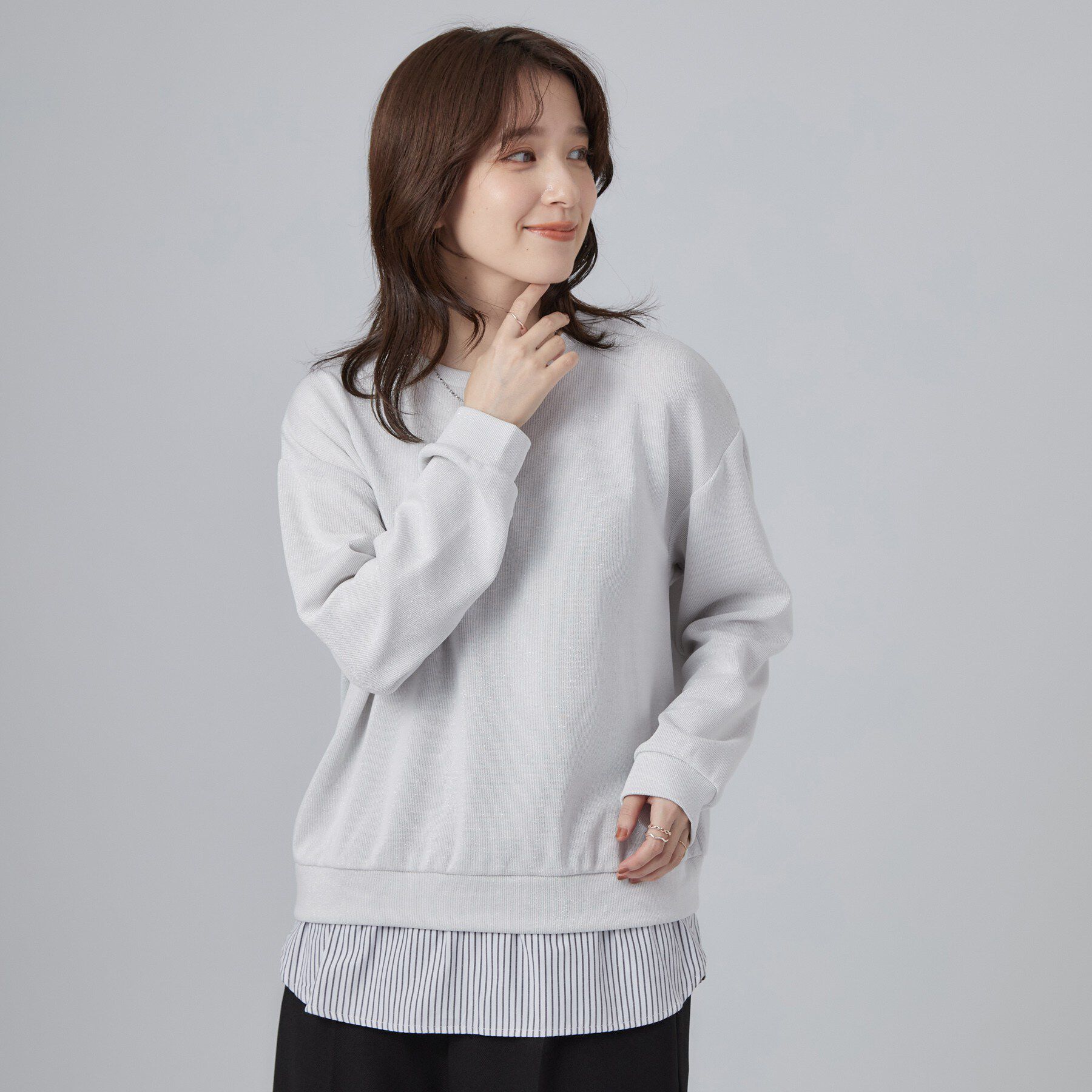 SHOO･LA･RUE「【S-LL/洗濯機可/体型カバー】インせず着られる レイヤード風 ラメ入りトップス」|Tシャツ・カットソー|