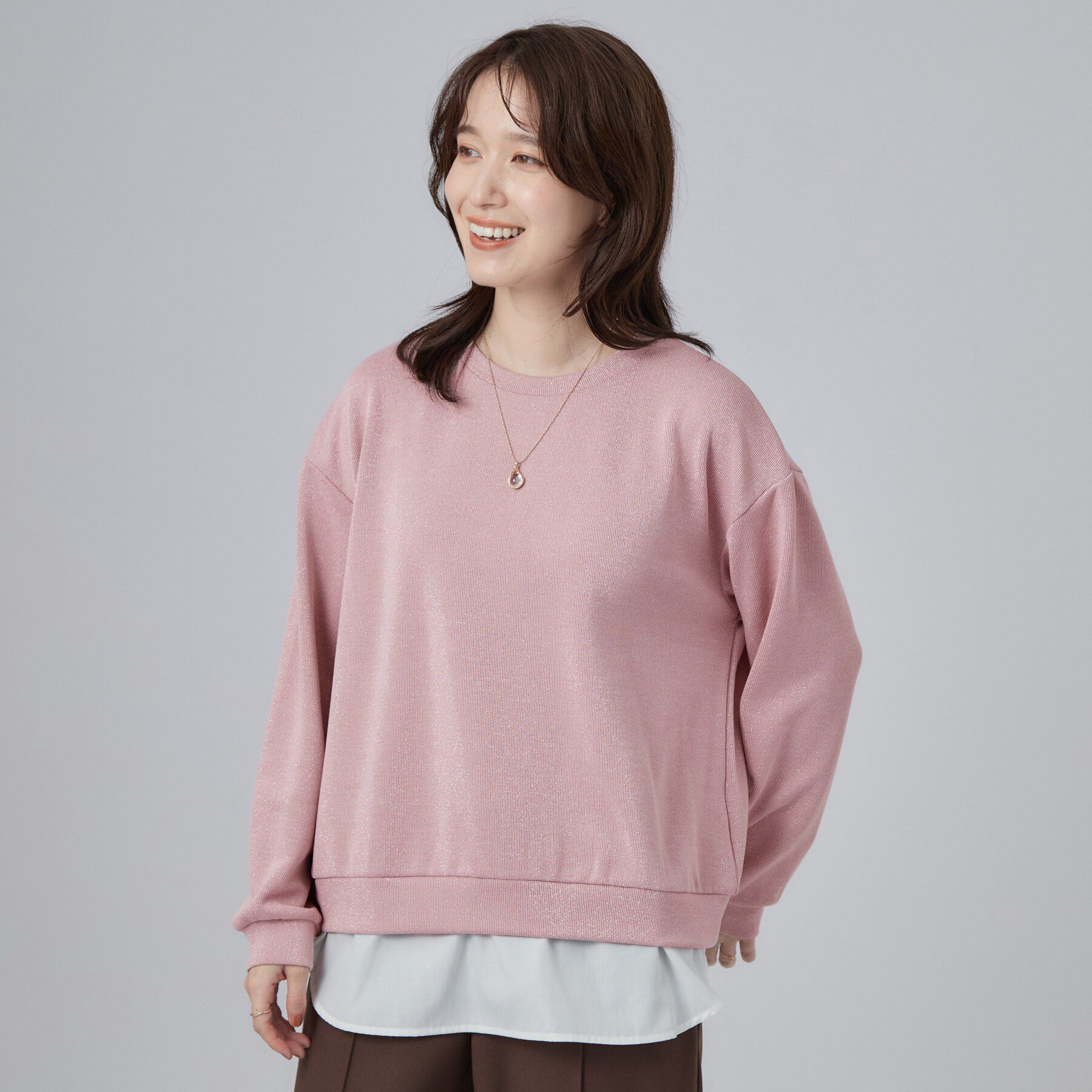 SHOO･LA･RUE「【S-LL/洗濯機可/体型カバー】インせず着られる レイヤード風 ラメ入りトップス」|Tシャツ・カットソー|