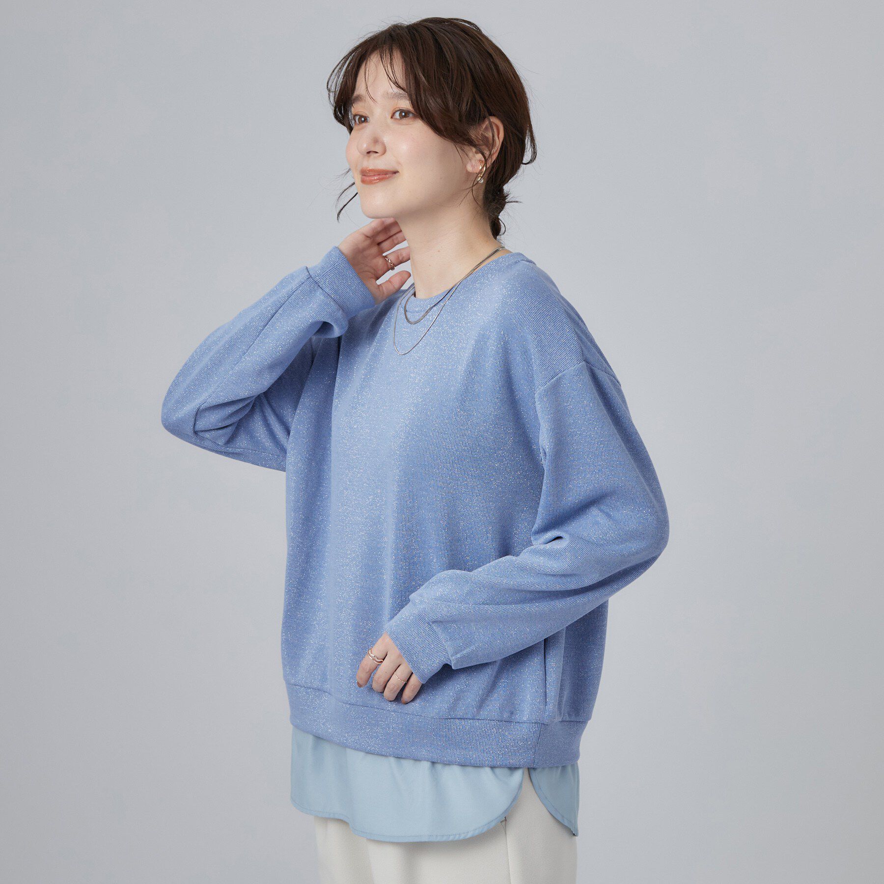 SHOO･LA･RUE「【S-LL/洗濯機可/体型カバー】インせず着られる レイヤード風 ラメ入りトップス」|Tシャツ・カットソー|
