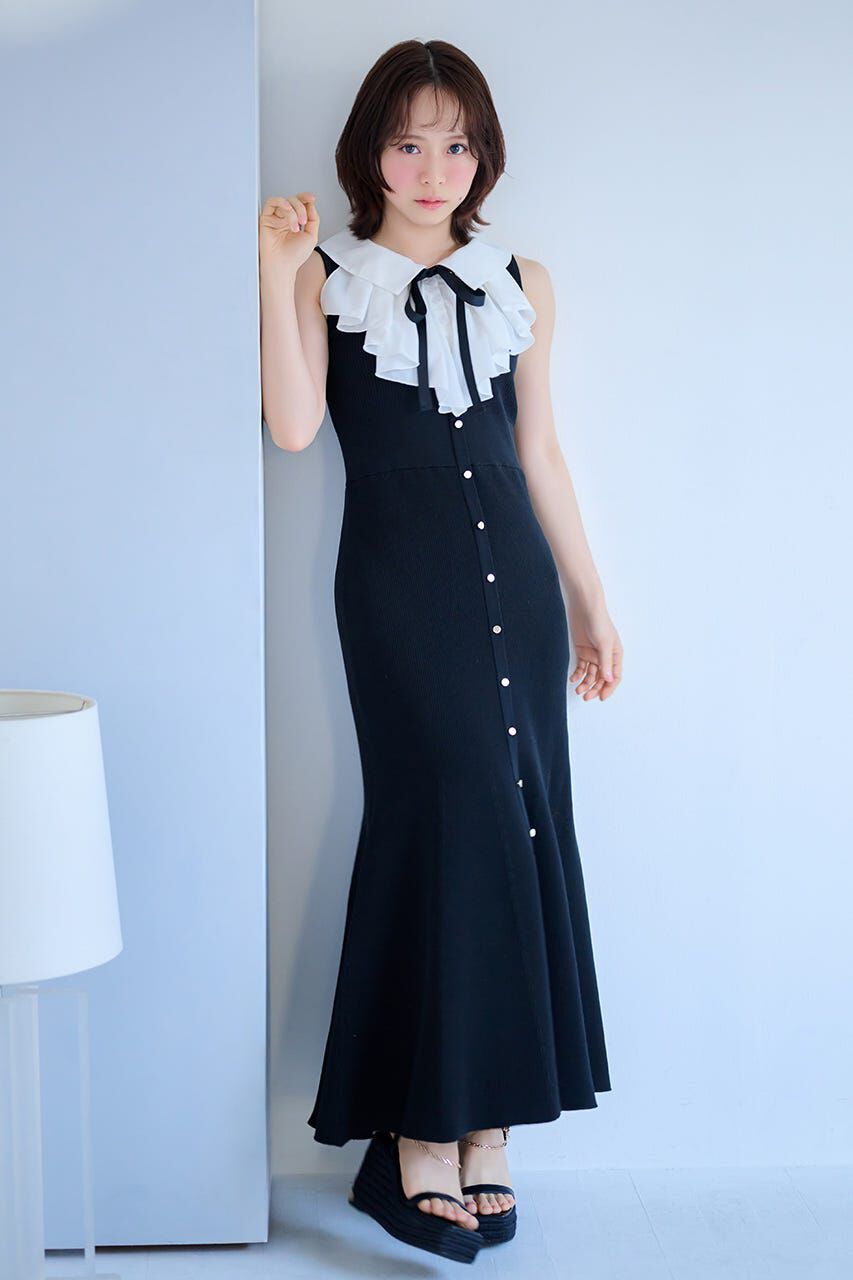 rienda「フリルシャツドッキングニットマーメイドワンピース」|ワンピース|BLK