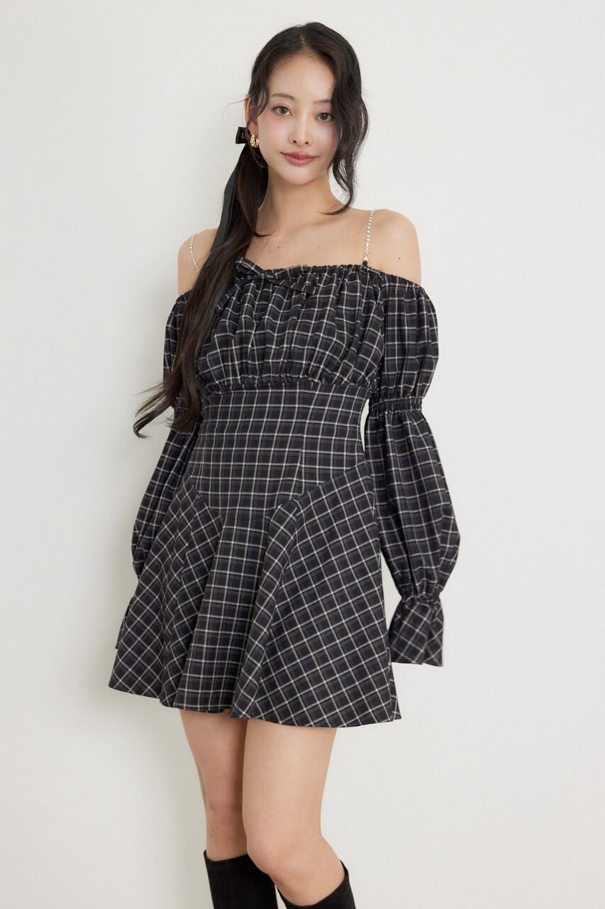 rienda「オフショルチェックミニワンピース」|ワンピース|BLK