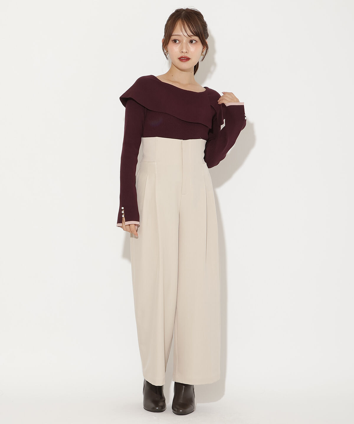 アンドクチュール「ウエストリブワイドパンツ」|その他|ベージュ