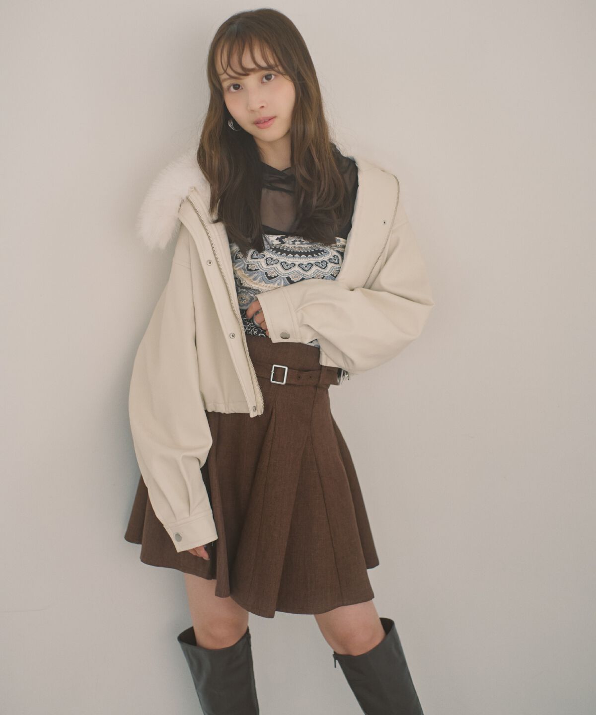 アンドクチュール「ベルト付きフレアミニスカート」|フレア|ブラウン