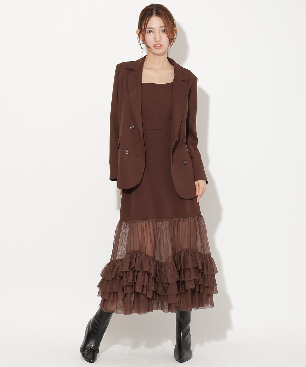 アンドクチュール「ジャケット&times;シアーチュールレイヤーワンピース」|ワンピース|ﾀﾞｰｸﾌﾞﾗｳﾝ