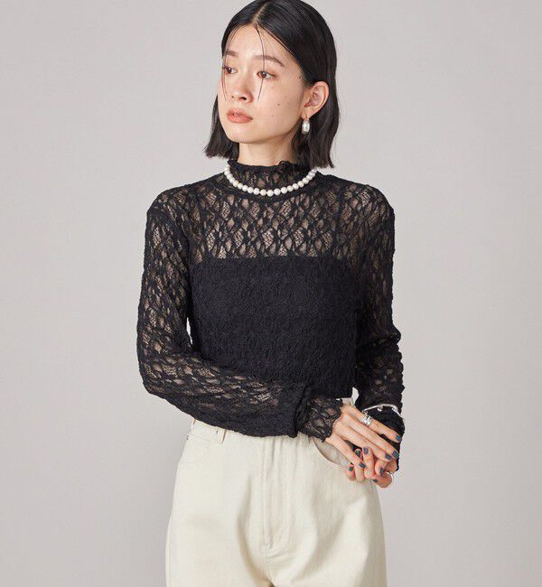 SHIPS for women「SHIPS NINE CASE:〈手洗い可能〉シアー レース ハイネック プルオーバー」|Tシャツ・カットソー|