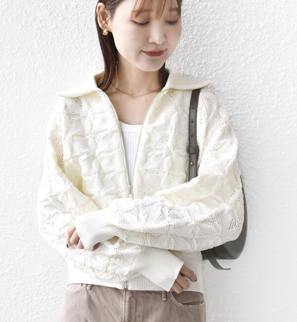 SHIPS for women「【WEB限定】〈手洗い可能〉フラワー ジャカード ジップ カーディガン」|カーディガン|