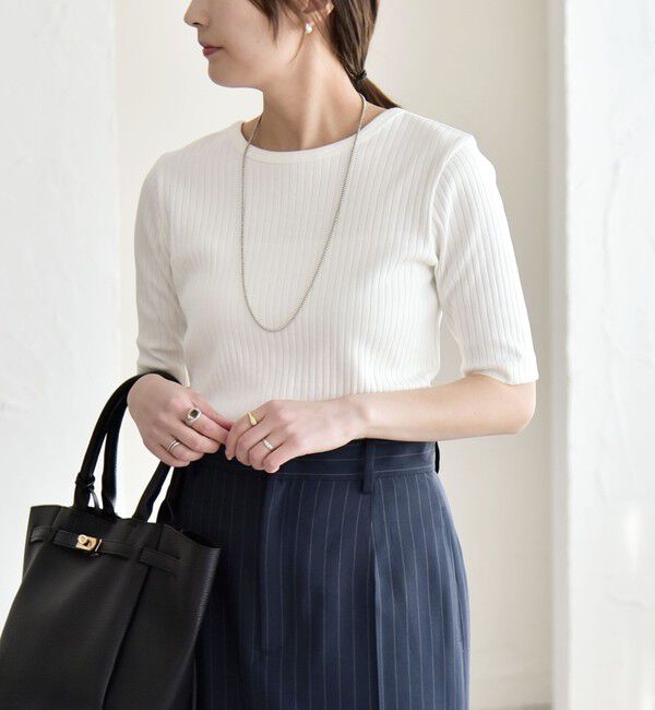 quaranciel「quaranciel:〈洗濯機可能〉テレコ リブ クルー ヘンリー 2way ハーフスリーブ TEE」|Tシャツ・カットソー|